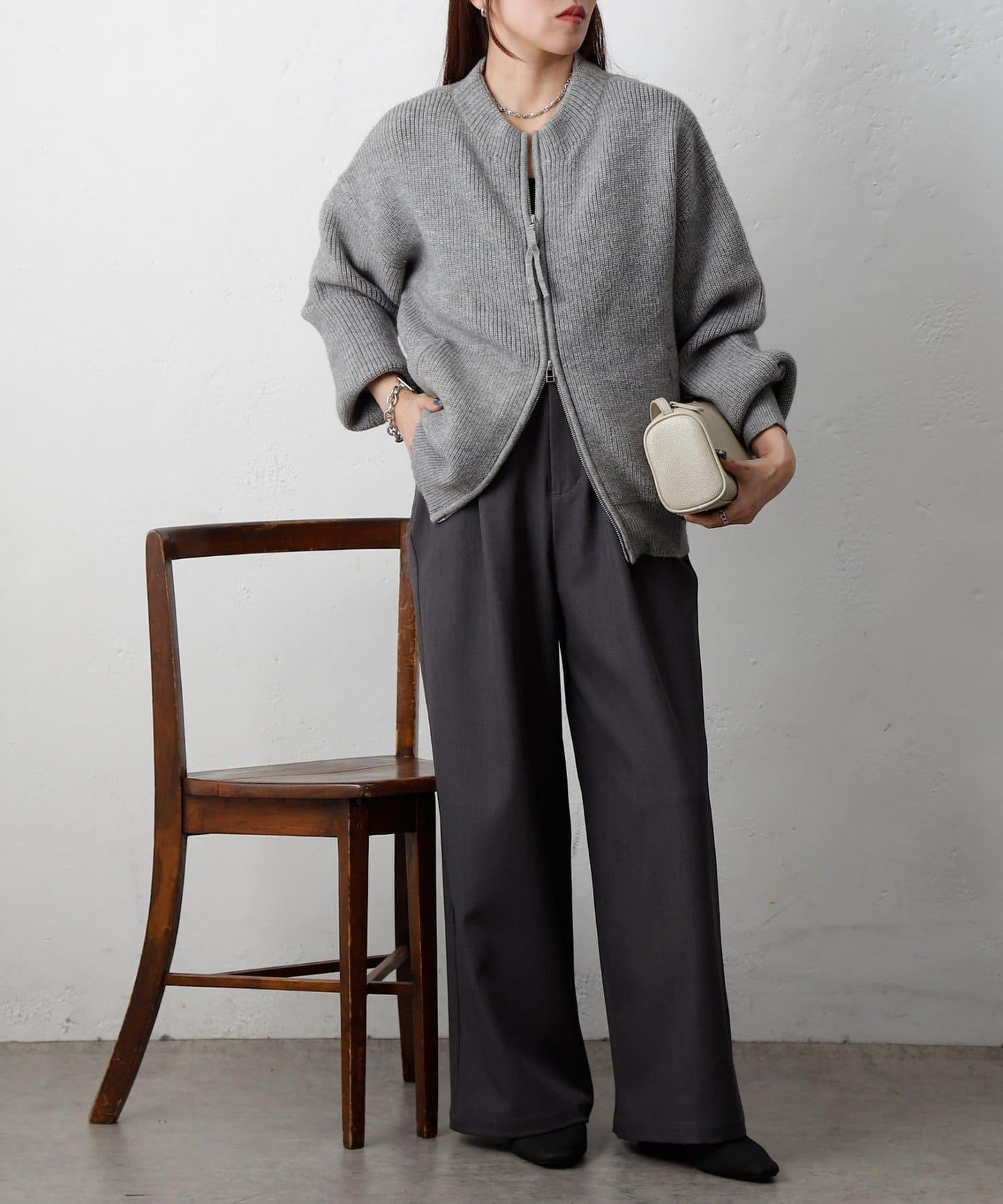 拼接拉鍊針織開衫