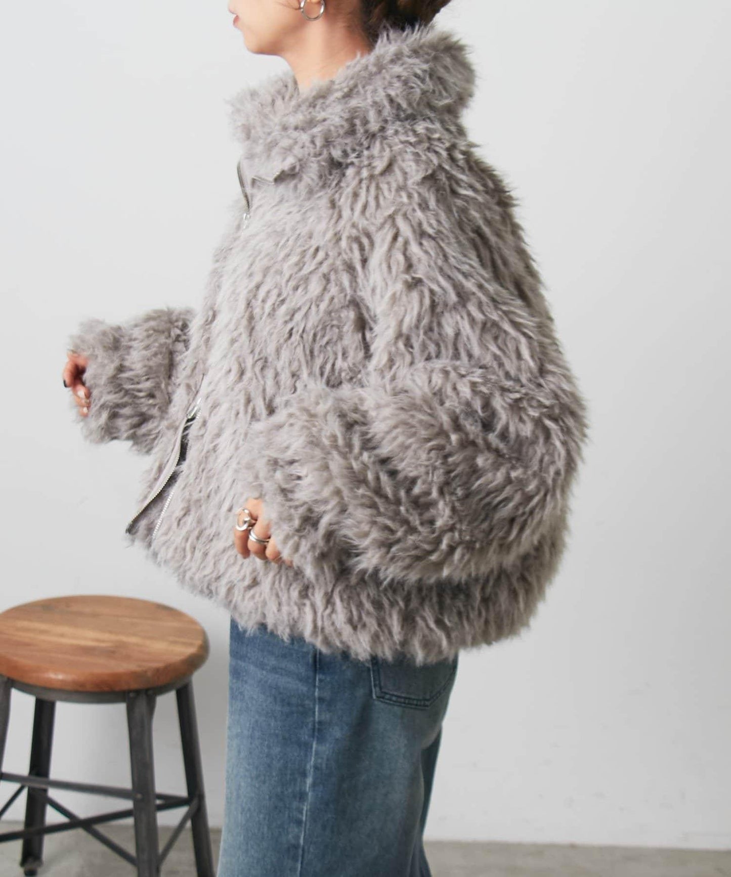 混合羊毛皮毛一體短款夾克