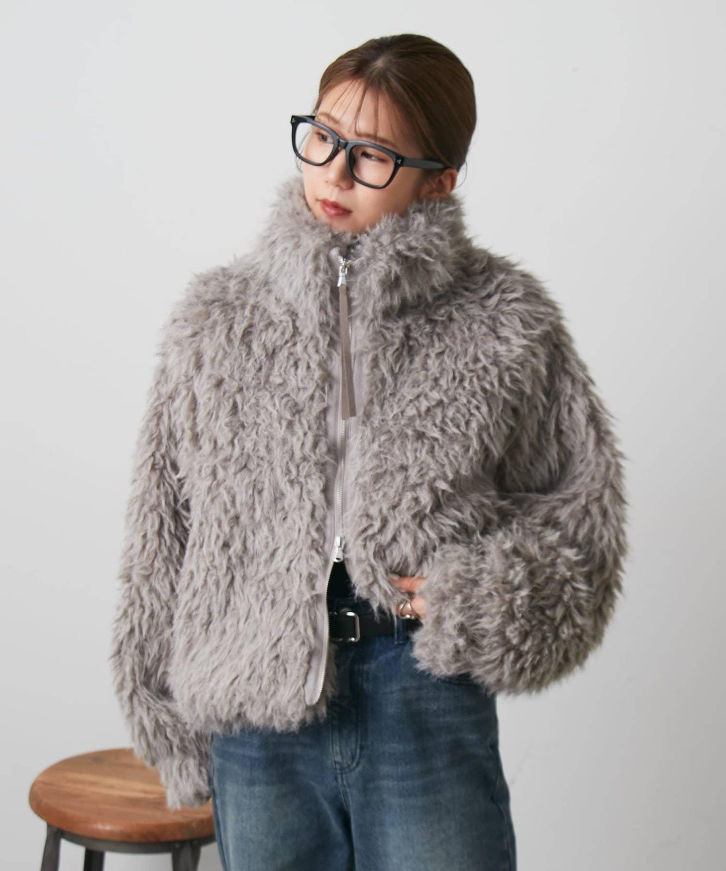 混合羊毛皮毛一體短款夾克