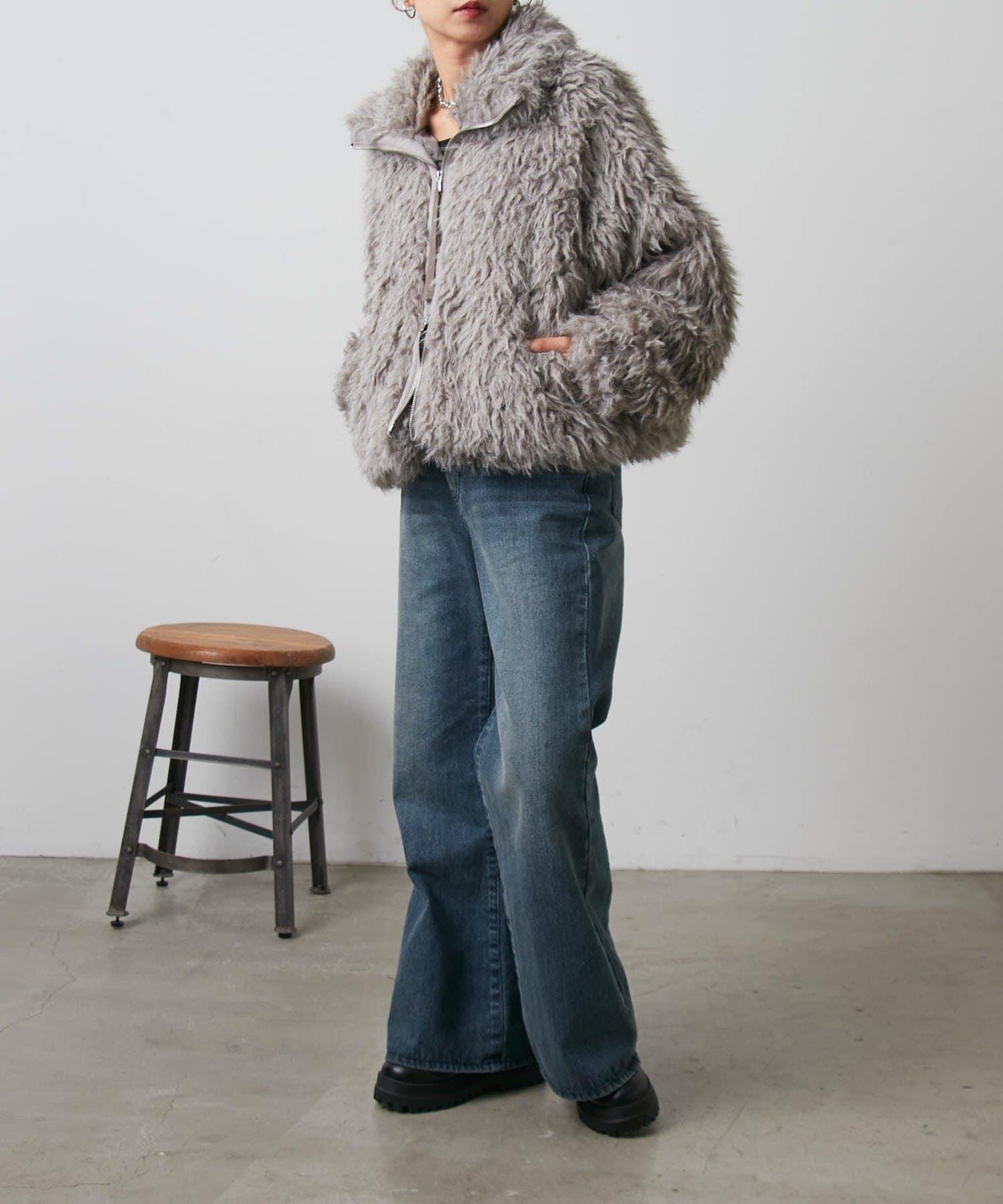 混合羊毛皮毛一體短款夾克