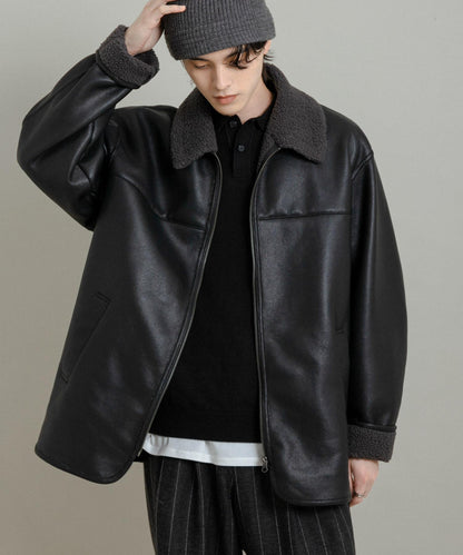 拼色仿羊羔絨飛行夾克