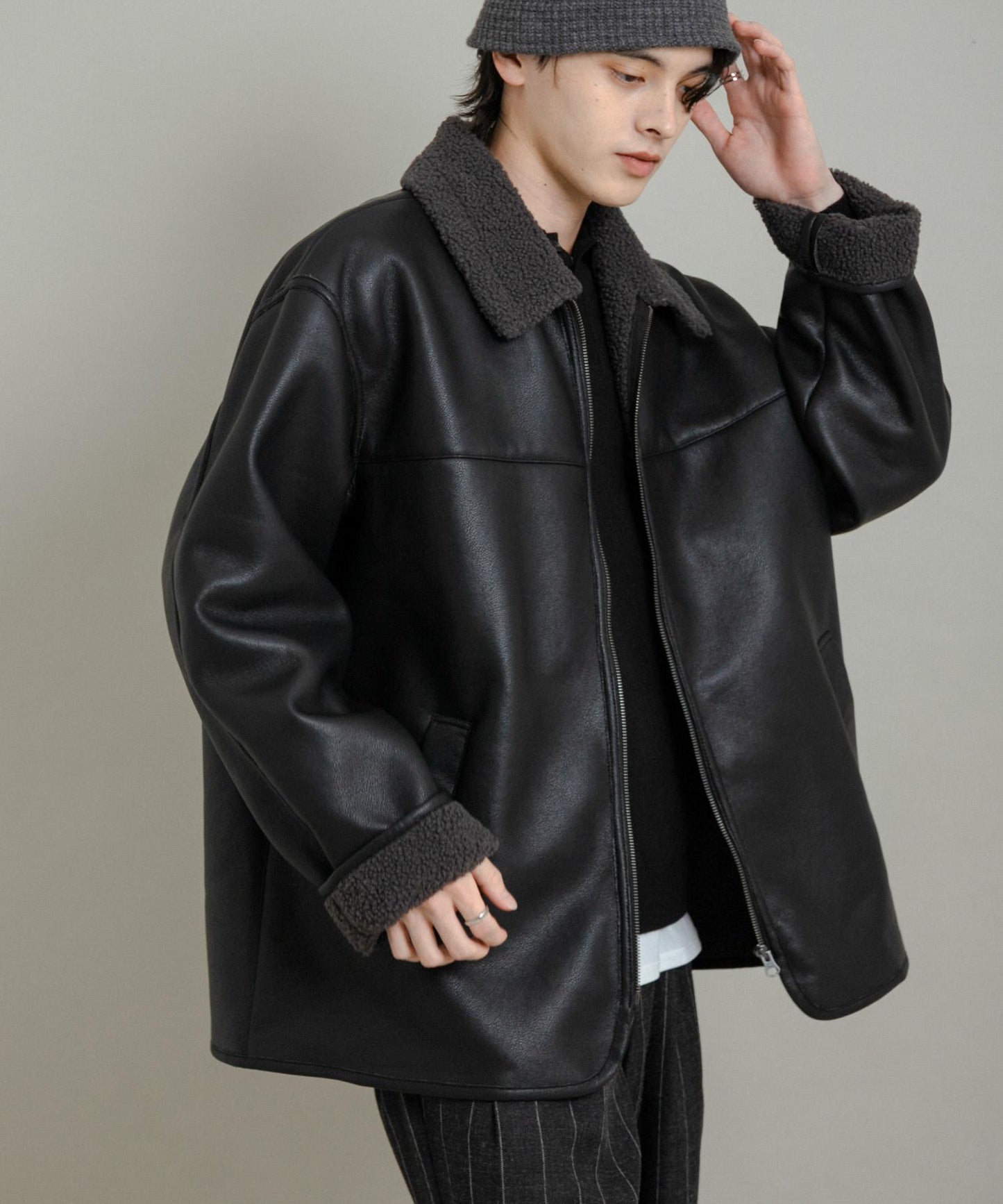 拼色仿羊羔絨飛行夾克