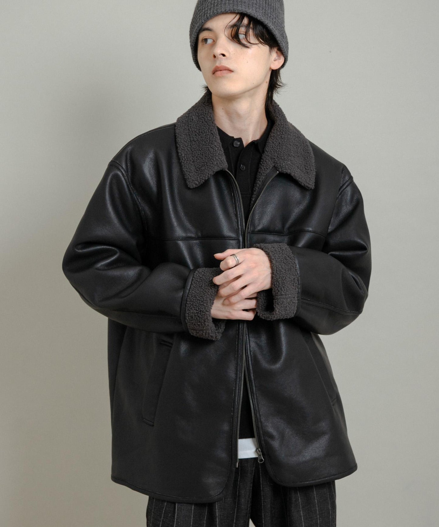 拼色仿羊羔絨飛行夾克