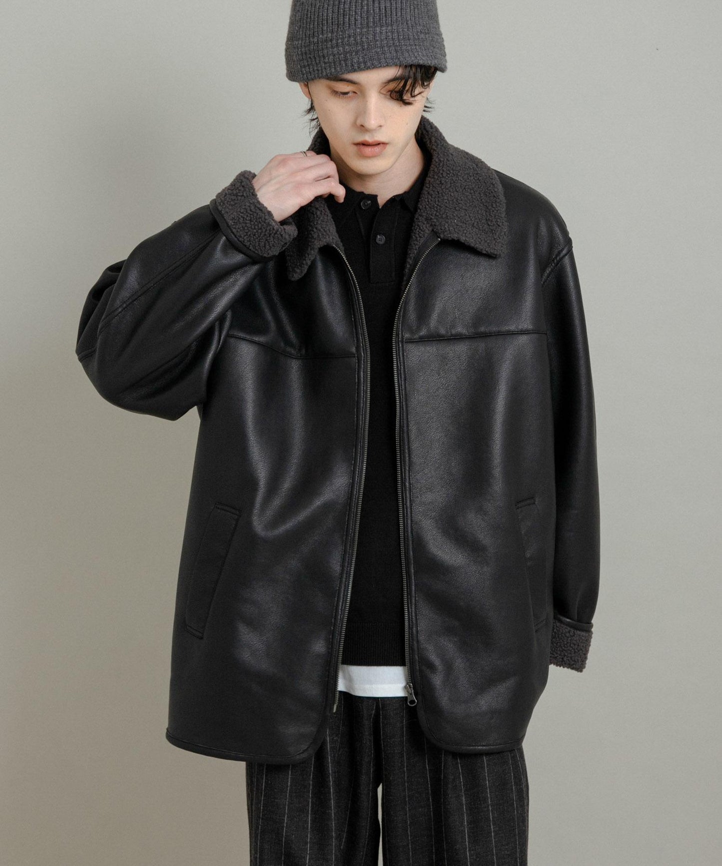 拼色仿羊羔絨飛行夾克