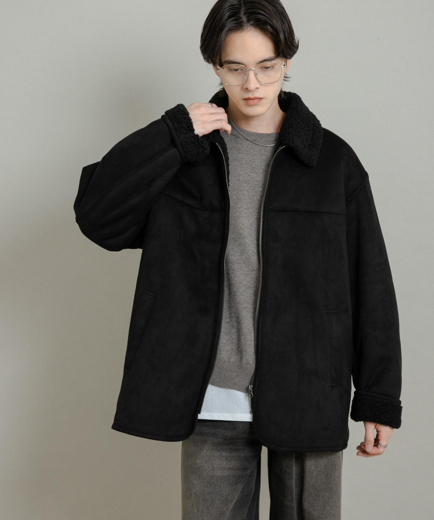 拼色仿羊羔絨飛行夾克