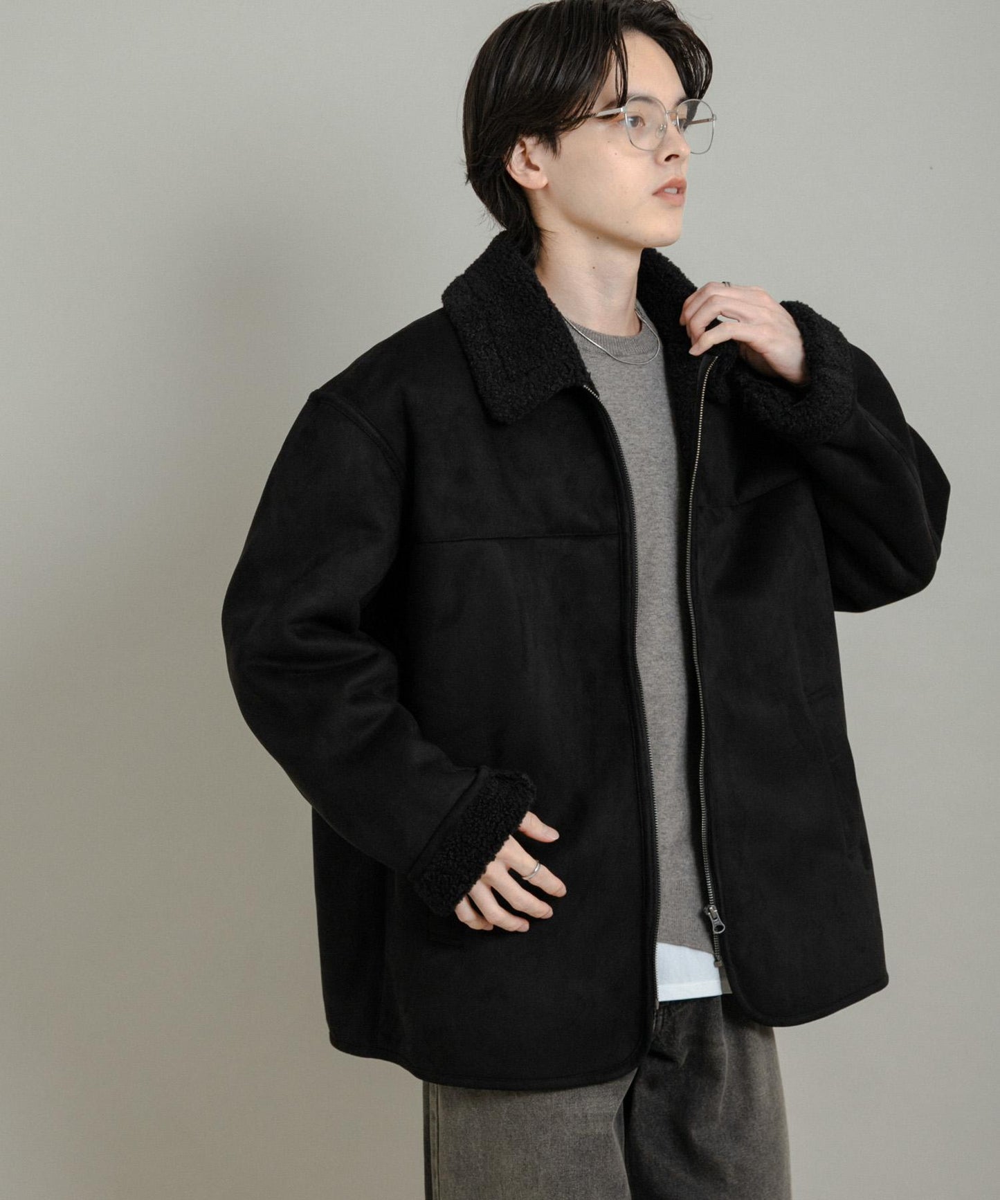 拼色仿羊羔絨飛行夾克