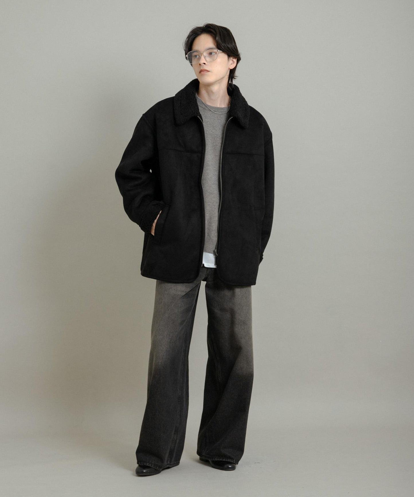 拼色仿羊羔絨飛行夾克