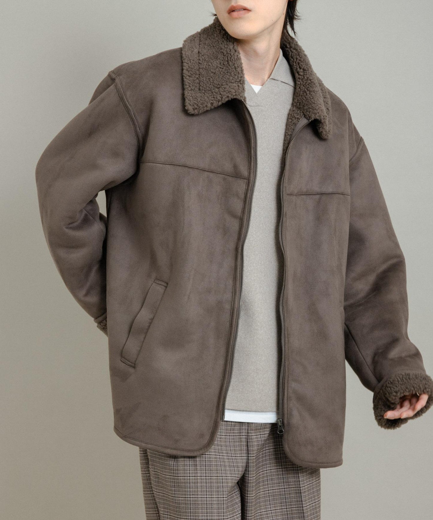 拼色仿羊羔絨飛行夾克