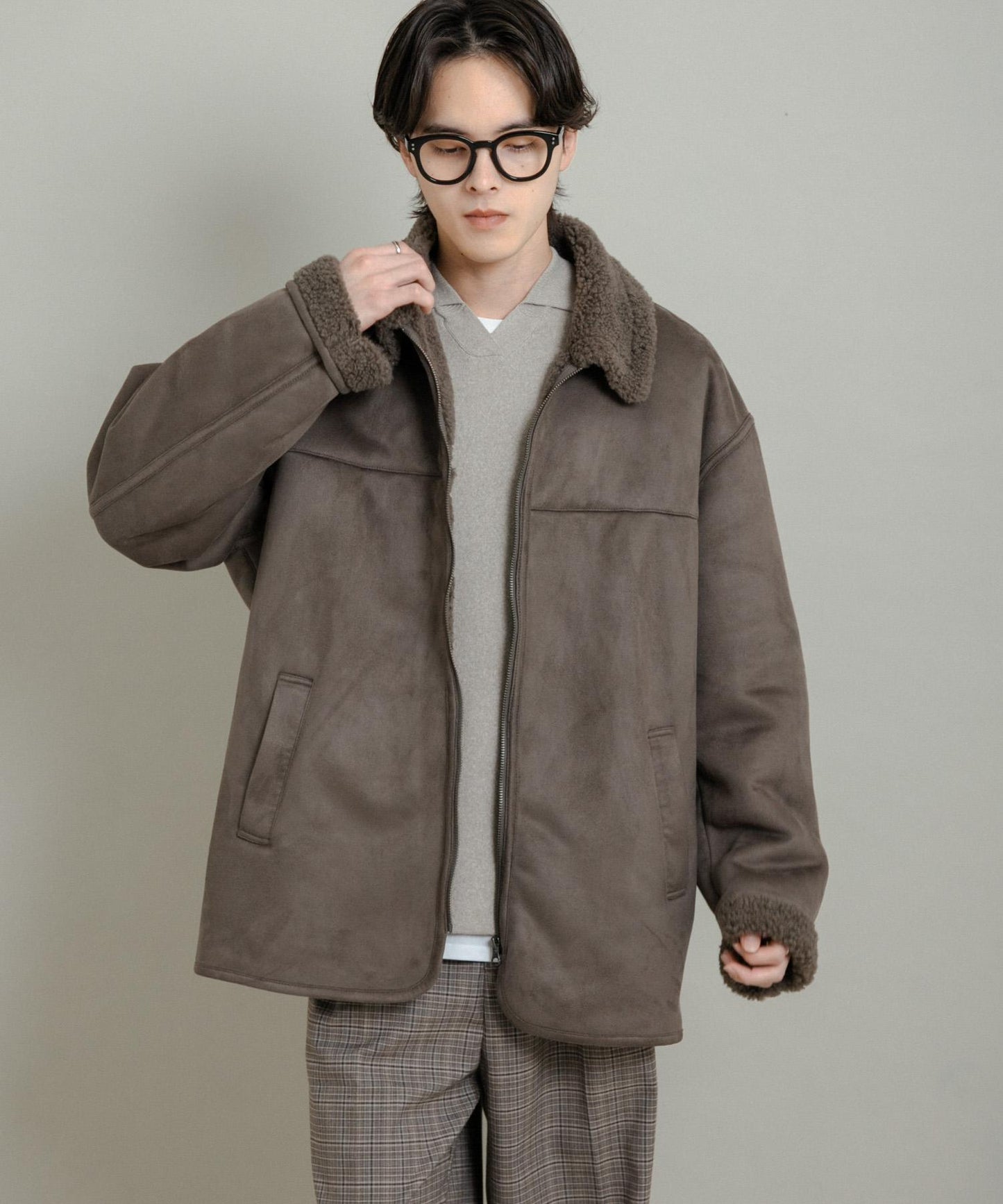 拼色仿羊羔絨飛行夾克