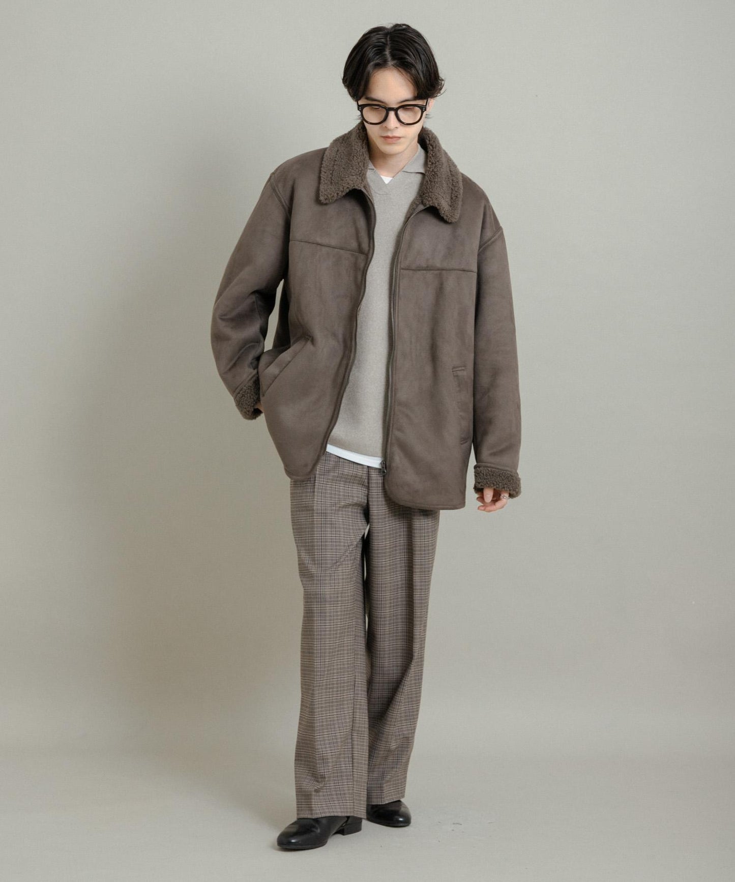 拼色仿羊羔絨飛行夾克