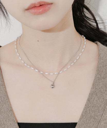 不鏽鋼愛心吊墜珍珠雙層套裝項鍊