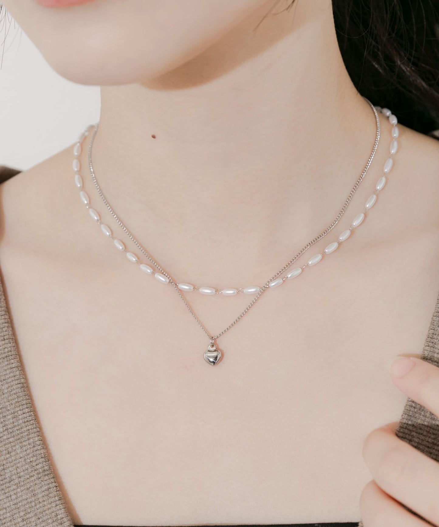 不鏽鋼愛心吊墜珍珠雙層套裝項鍊