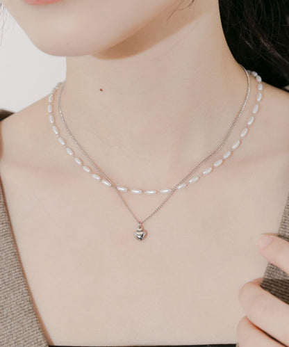 不鏽鋼愛心吊墜珍珠雙層套裝項鍊