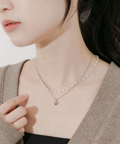 不鏽鋼愛心吊墜珍珠雙層套裝項鍊