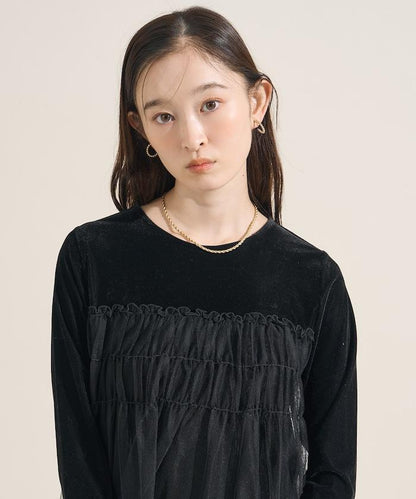 天鵝絨運動服拼接網紗上衣