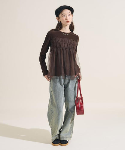 天鵝絨運動服拼接網紗上衣