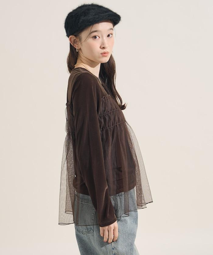 天鵝絨運動服拼接網紗上衣