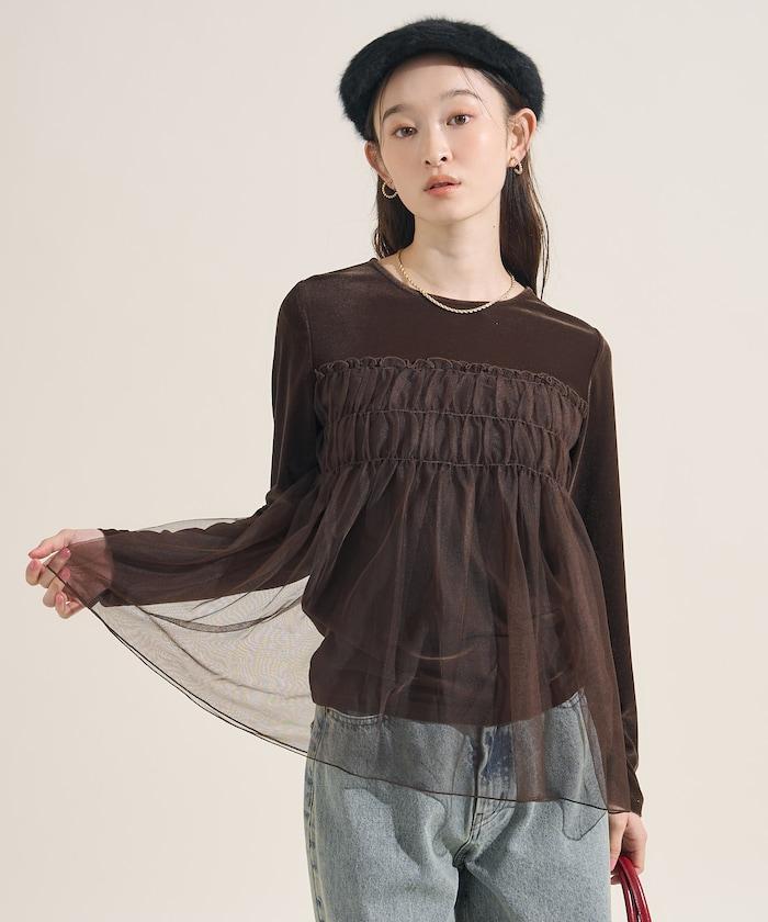 天鵝絨運動服拼接網紗上衣