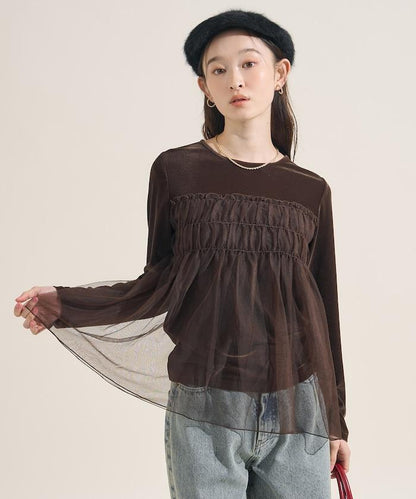 天鵝絨運動服拼接網紗上衣