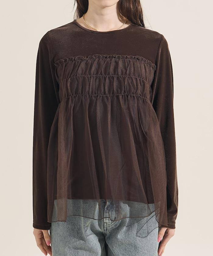 天鵝絨運動服拼接網紗上衣