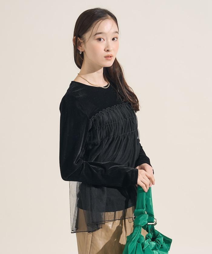 天鵝絨運動服拼接網紗上衣