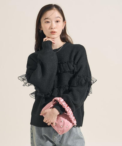 網紗荷葉邊拼接針織套頭衫