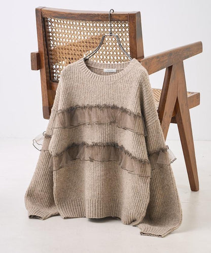 網紗荷葉邊拼接針織套頭衫