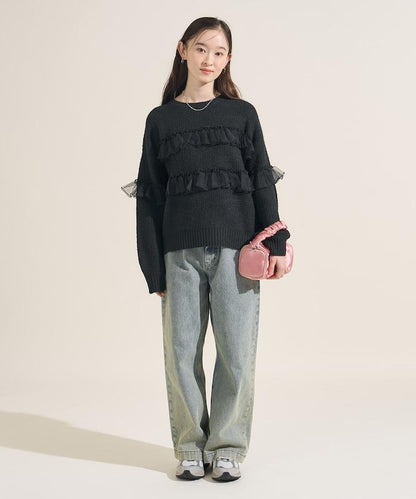 網紗荷葉邊拼接針織套頭衫