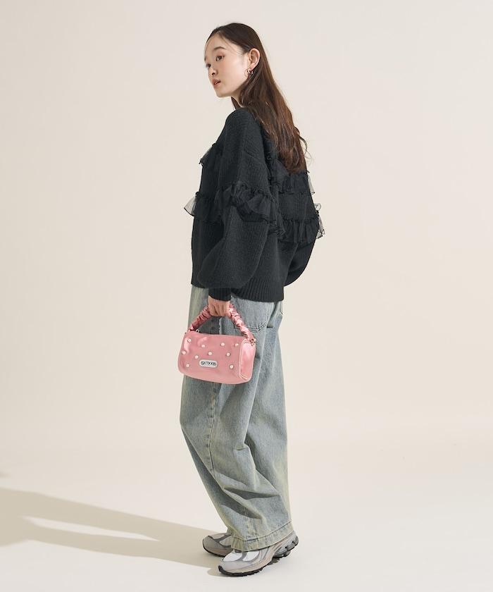 網紗荷葉邊拼接針織套頭衫