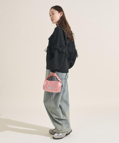 網紗荷葉邊拼接針織套頭衫