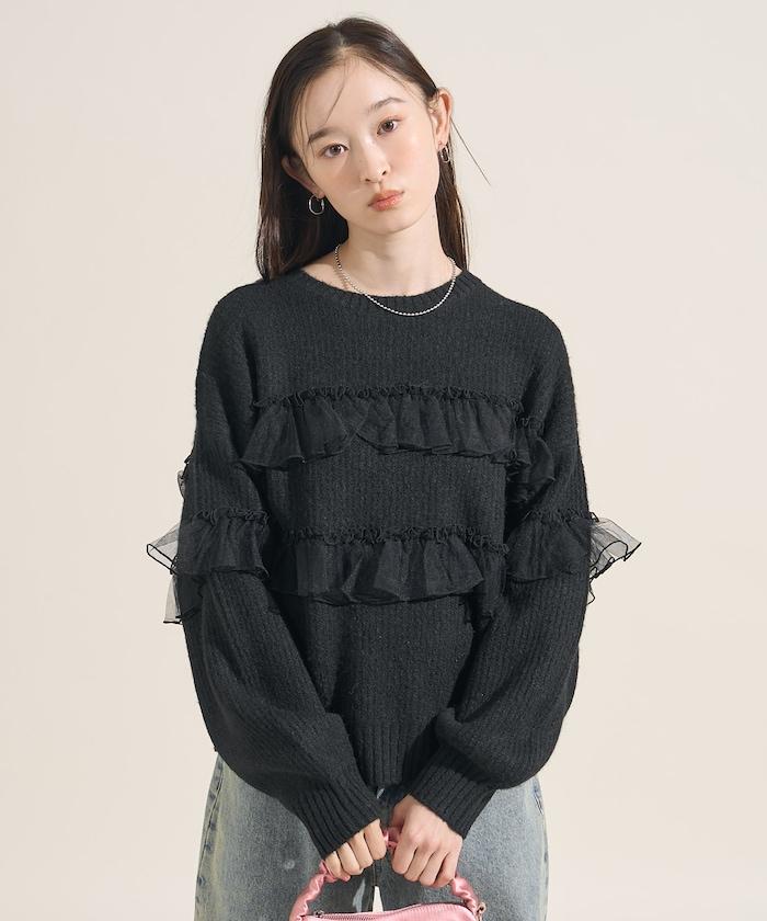 網紗荷葉邊拼接針織套頭衫
