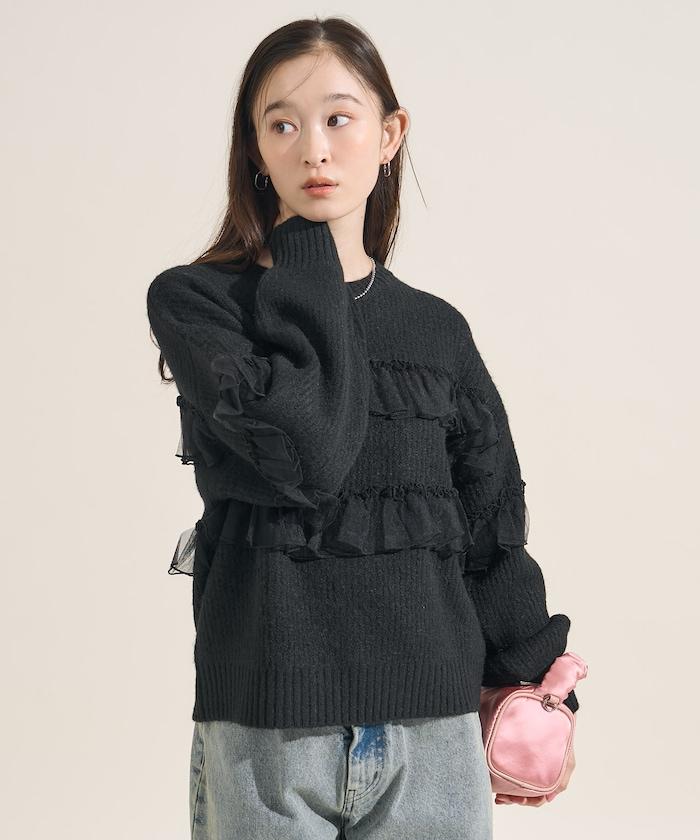 網紗荷葉邊拼接針織套頭衫