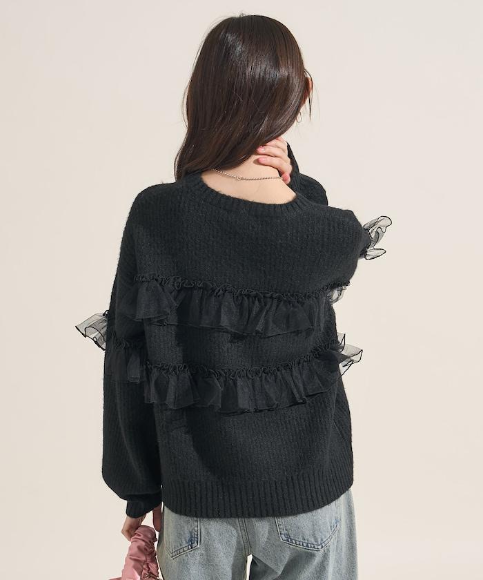 網紗荷葉邊拼接針織套頭衫