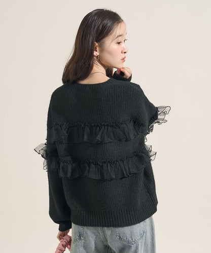 網紗荷葉邊拼接針織套頭衫