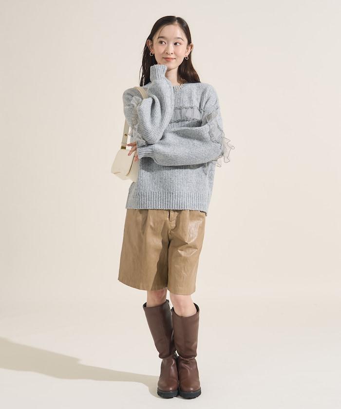 網紗荷葉邊拼接針織套頭衫