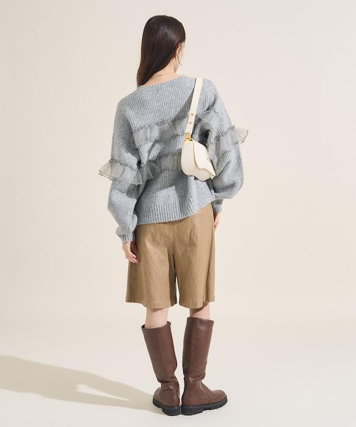 網紗荷葉邊拼接針織套頭衫