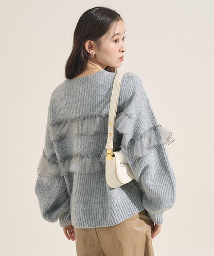 網紗荷葉邊拼接針織套頭衫