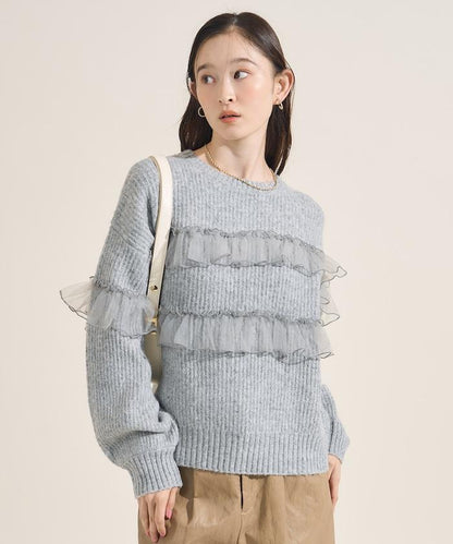網紗荷葉邊拼接針織套頭衫