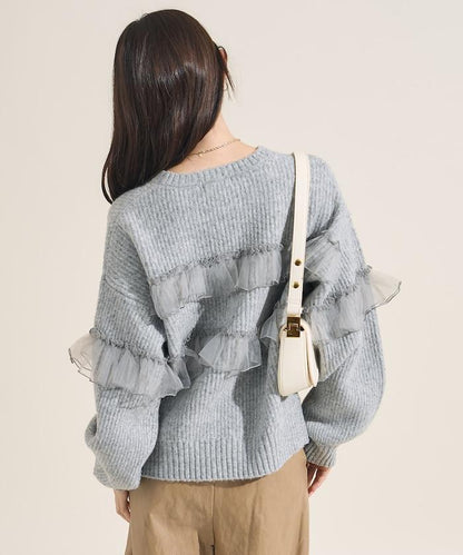 網紗荷葉邊拼接針織套頭衫