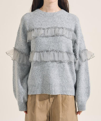 網紗荷葉邊拼接針織套頭衫