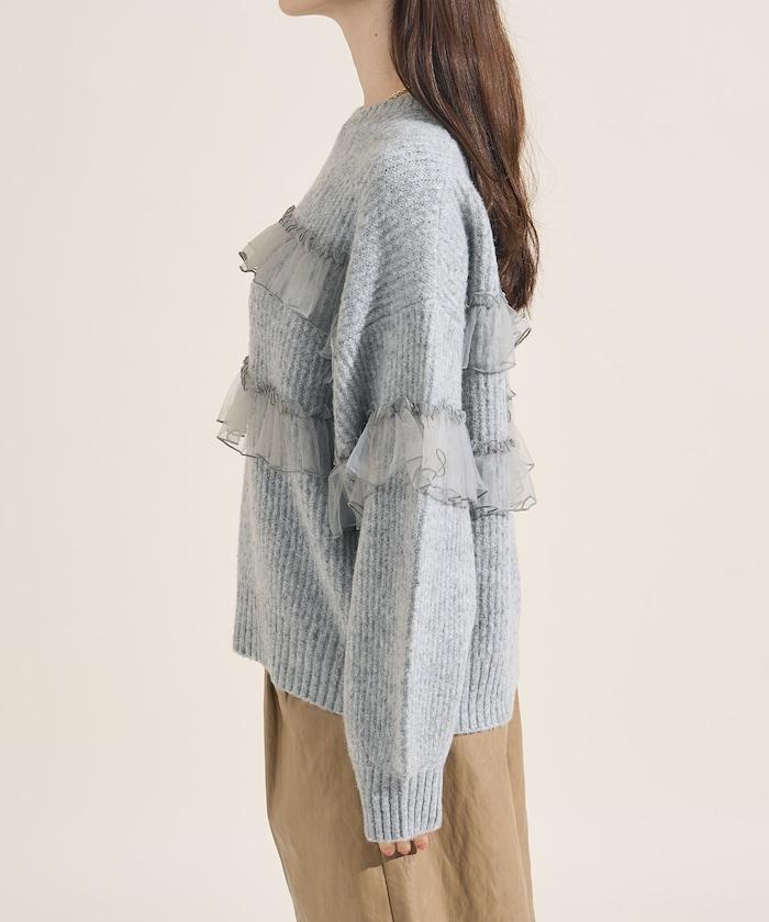 網紗荷葉邊拼接針織套頭衫