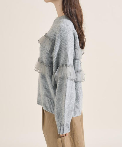 網紗荷葉邊拼接針織套頭衫