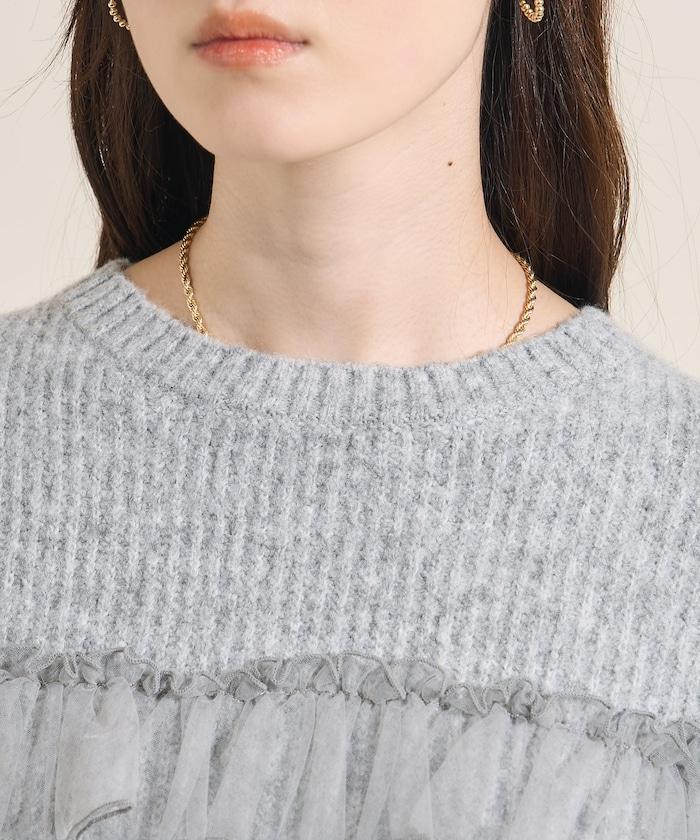 網紗荷葉邊拼接針織套頭衫