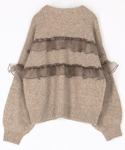 網紗荷葉邊拼接針織套頭衫