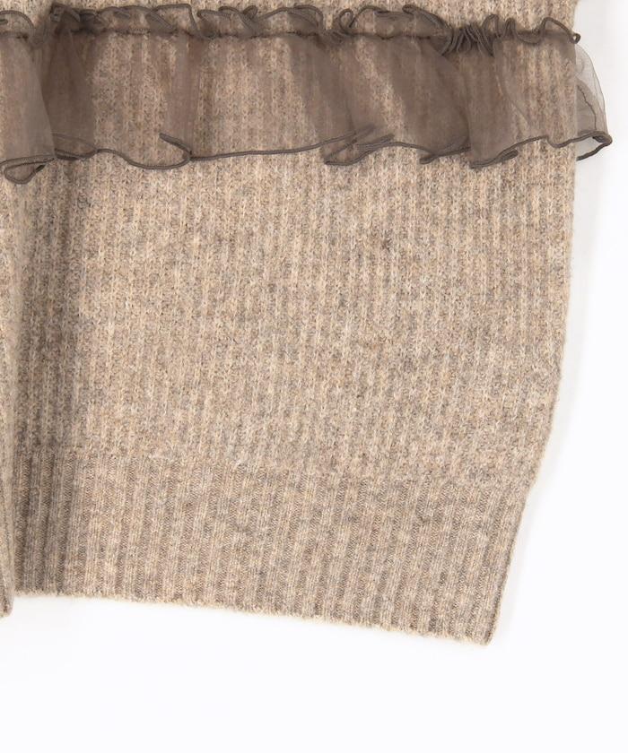 網紗荷葉邊拼接針織套頭衫