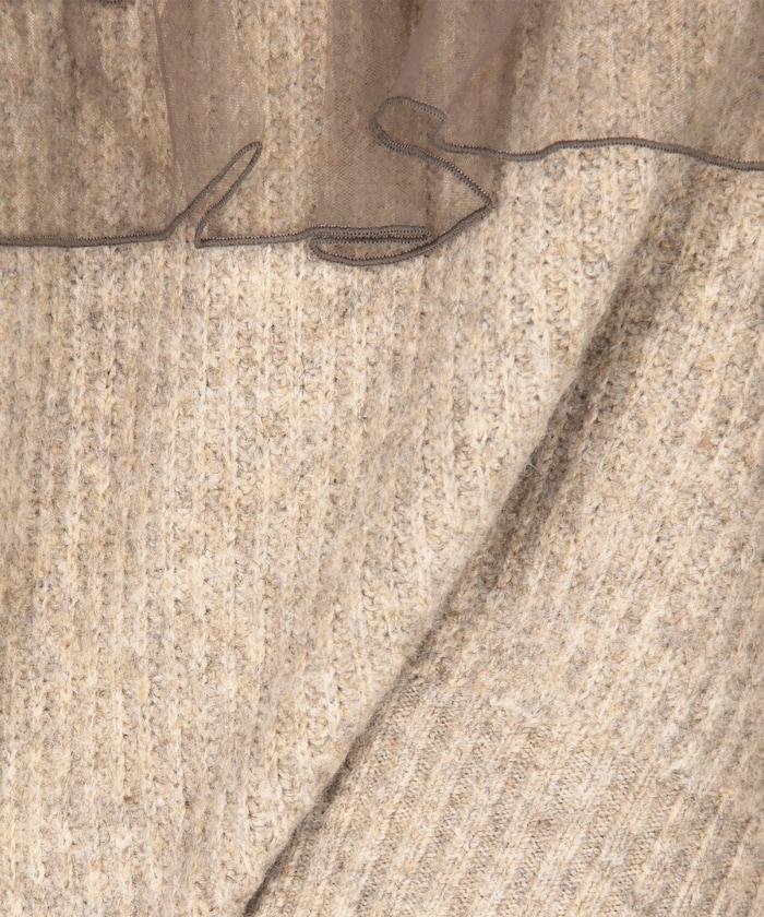 網紗荷葉邊拼接針織套頭衫