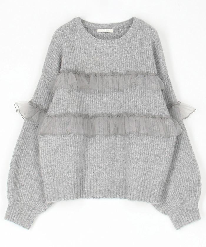 網紗荷葉邊拼接針織套頭衫