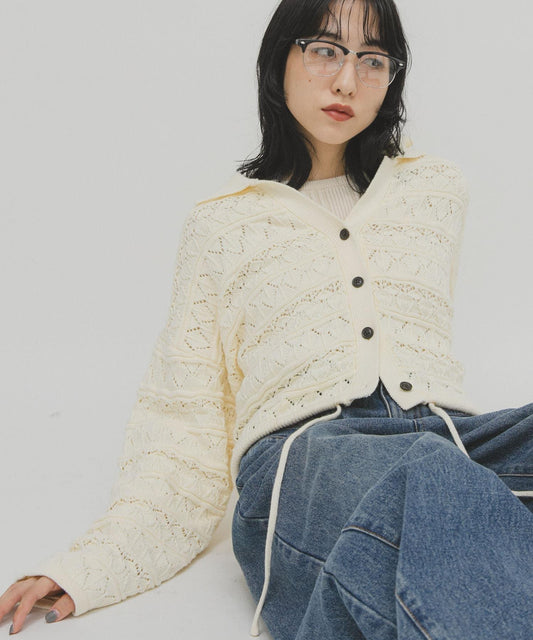 鏤空編織鑰匙領開衫