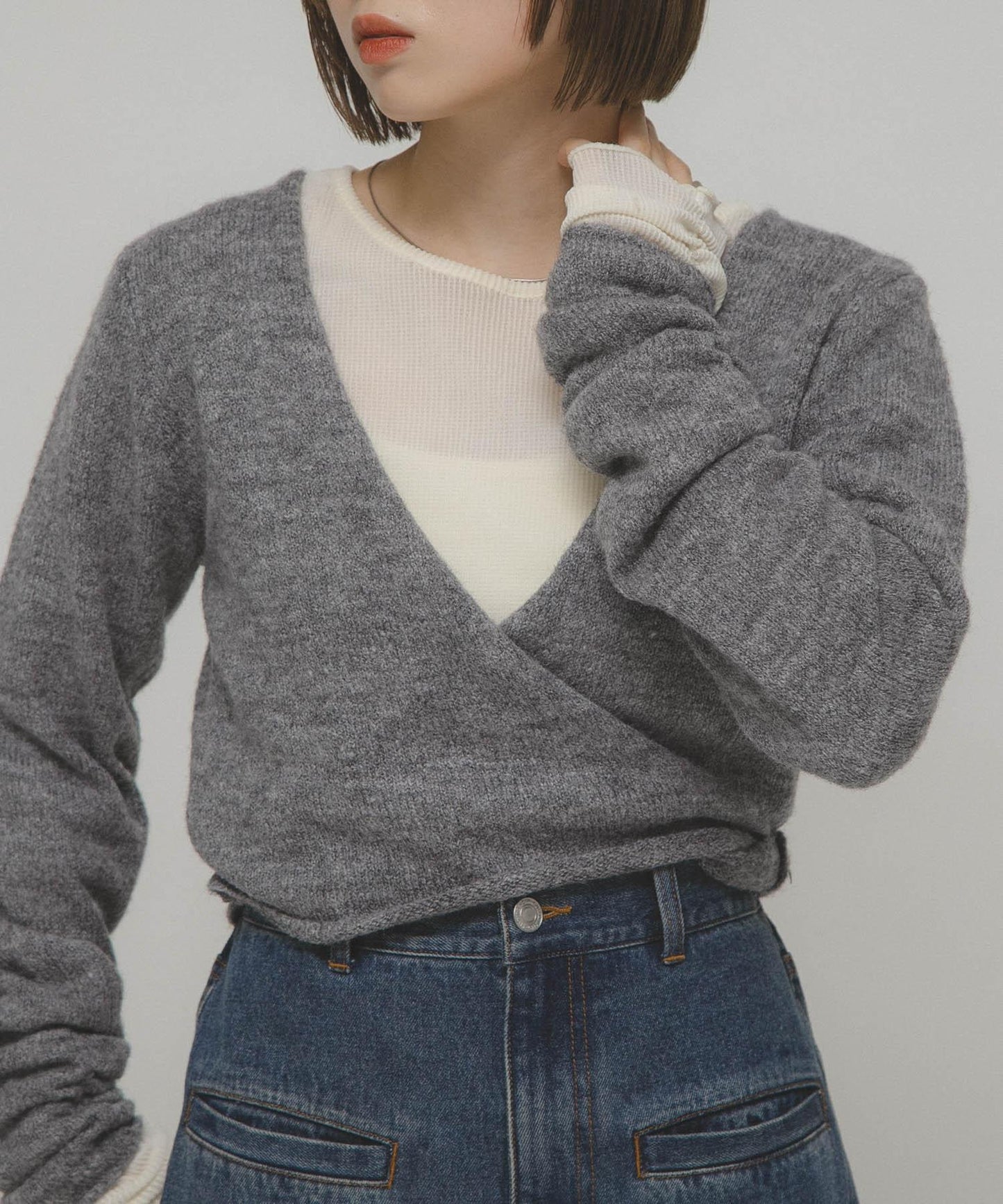 透視天鵝絨褶皺袖上衣