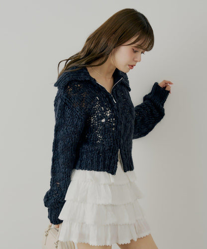 粗針不對稱拉鍊寬鬆針織上衣